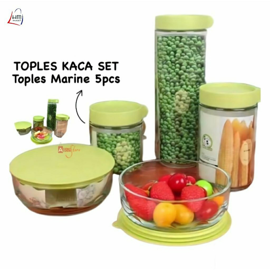 Toples Marine 5 in 1 Kaca / Toples Kue Kaca / Marine Bowl Set / Toples Bening Kedap Udara Set isi 5 