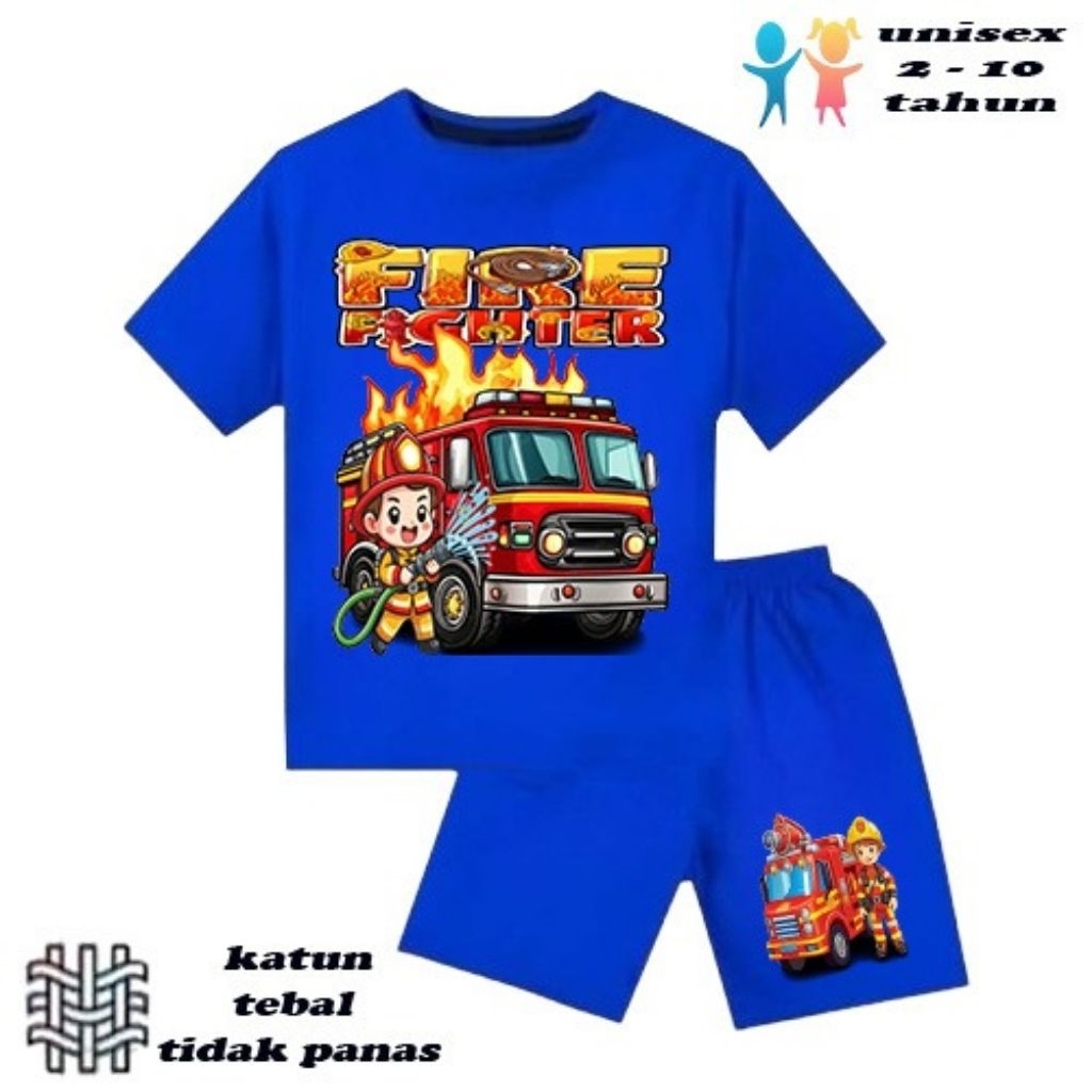 setelan baju anak laki-laki perempuan baju kaos anak laki-laki perempuan motif mobil pemadam umur 6 