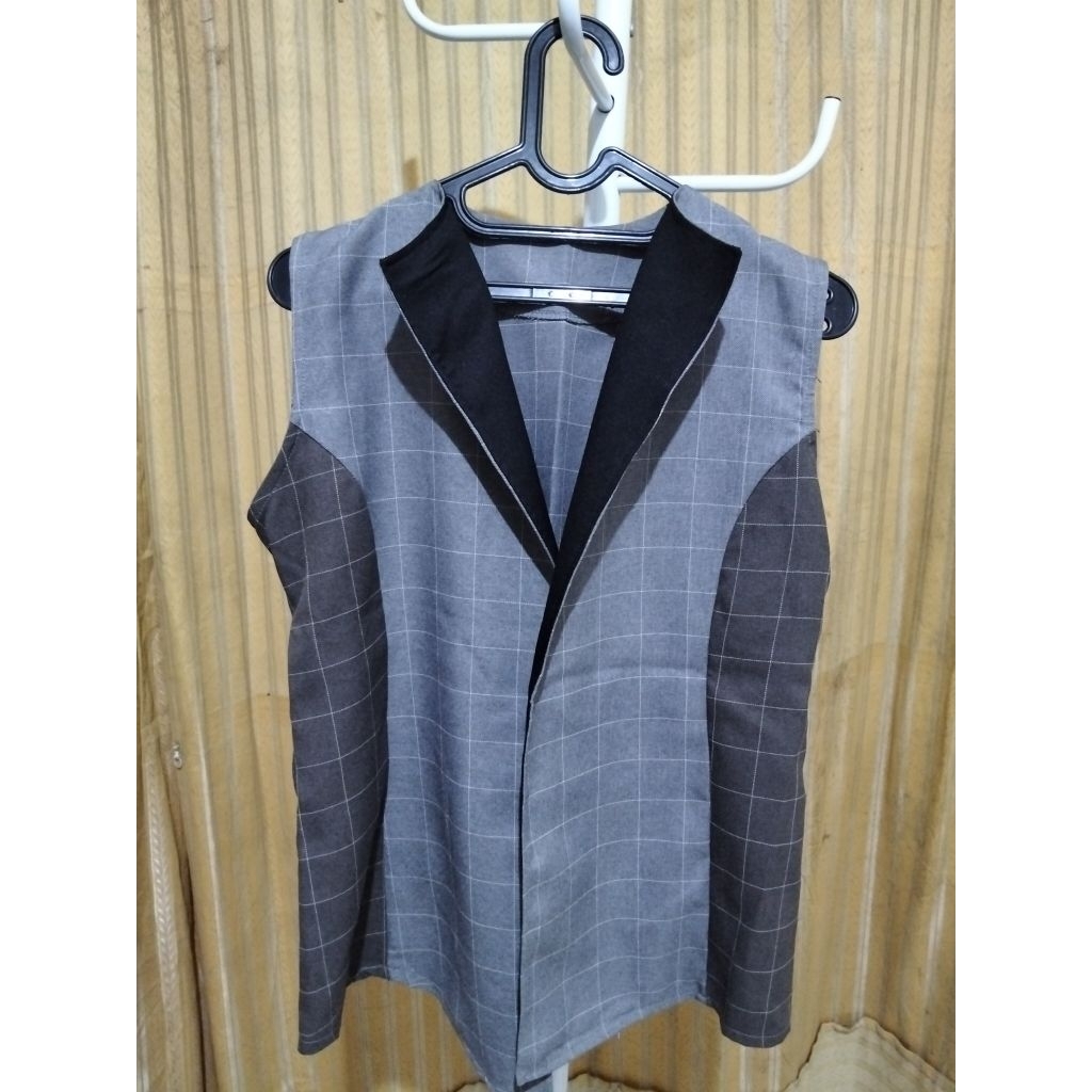 Blazer Vest Wanita Motif Kotak-kotak Premi Korea