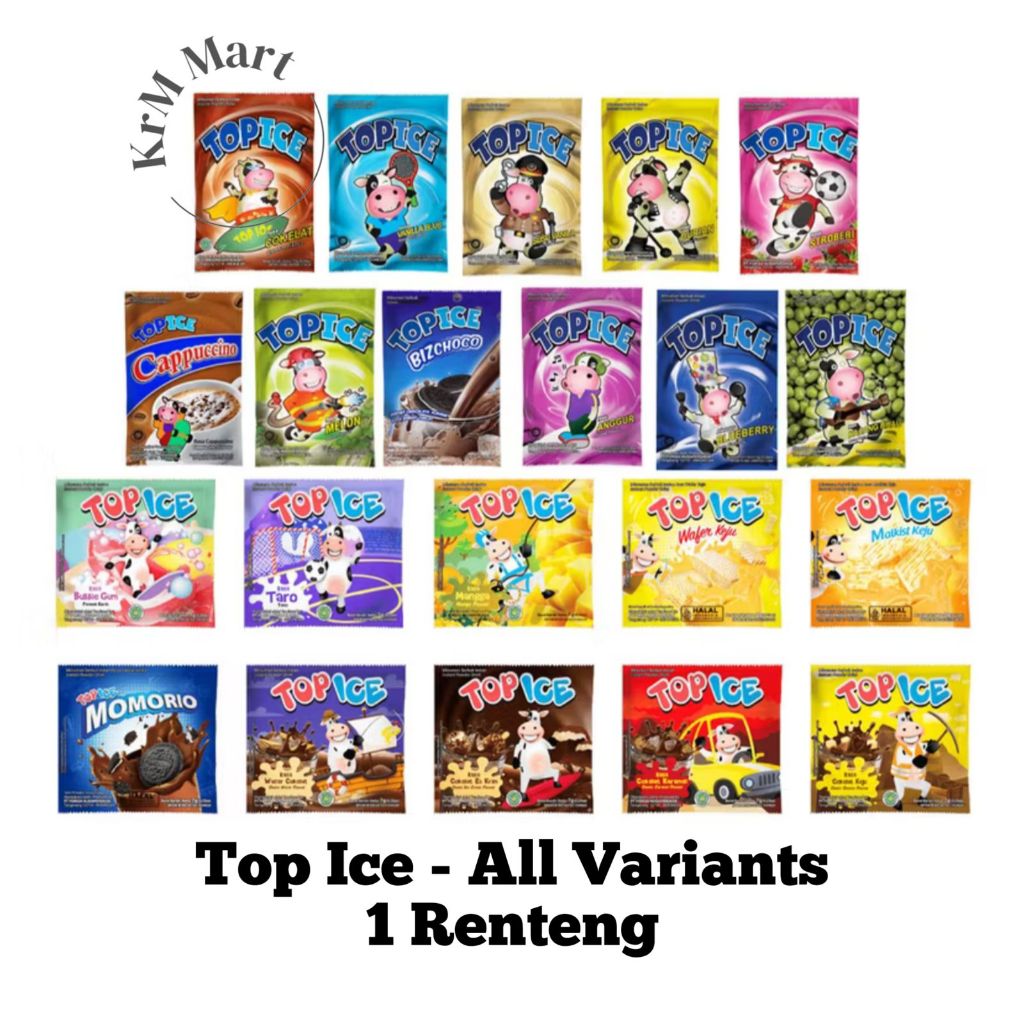 

Top Ice 1 renteng renceng All Varian top es minuman serbuk instan coklat cokelat chocolate taro bubble gum permen karet susu vanila bizchoco melon momorio vanilla blue kacang hijau cappucino durian krim stroberi anggur mangga wafer malkist keju kopi aren