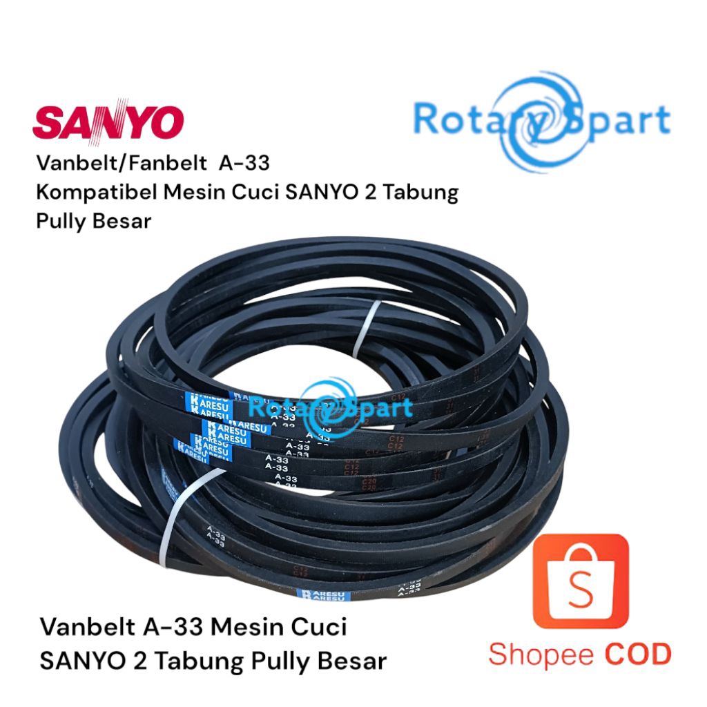 Vanbelt/Panbelt A-33 Kompatibel Mesin Cuci Sanyo 2 Tabung Pully Besar/Fanbelt