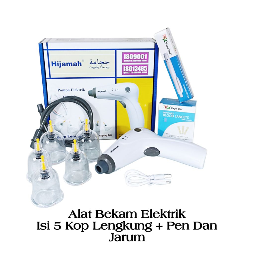Alat Bekam Elektrik isi 5 Kop Melengkung Bahan Aklirik Tebal Lengkap Selang Dan Pen Jarum Cupping Th