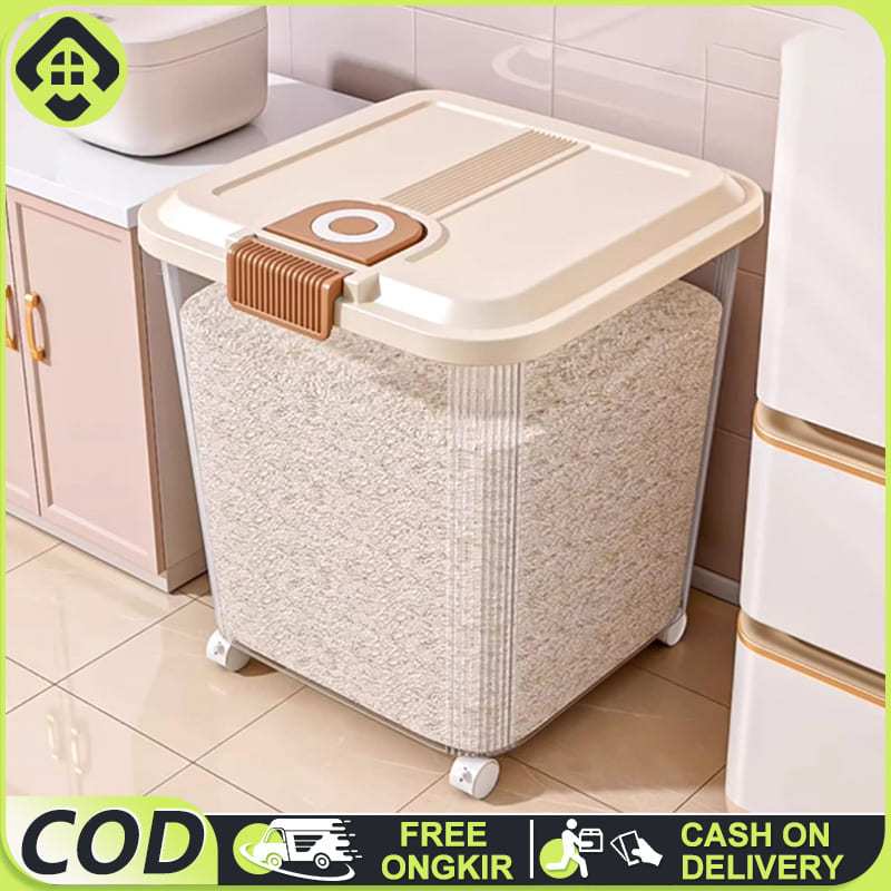 Tempat Beras Roda Transparan Dispenser Wadah Penyimpanan Beras Serbaguna 15 25KG
