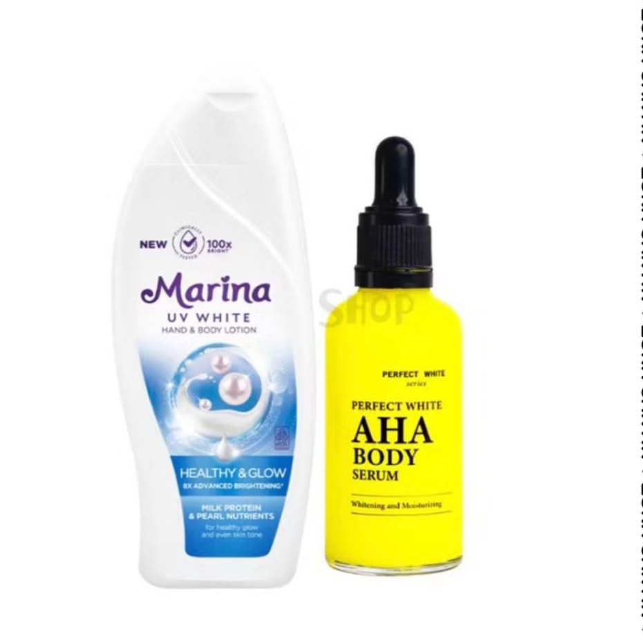 MARINA AHA WHITENING BODY LOTION 185ML + AHA PERFECT WHITE BODY SERUM 50ML | BODY LOTION MENCERAHKAN