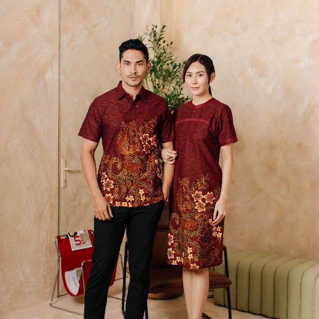 Adyatma Anvaya Maroon Sarimbit Set Couple Kemeja Batik Slim Fit - Dress Batik Wanita Katun