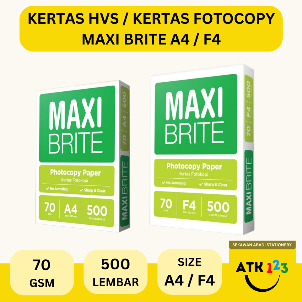 

MAXI BRITE Kertas HVS A4 / F4 70 gram Merk Maxi Brite Kerts Fotocopy