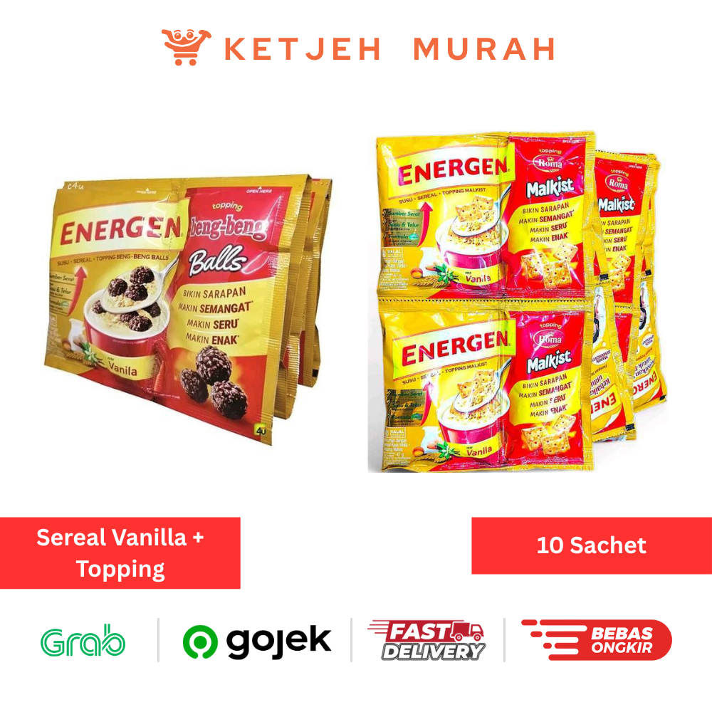 

Energen Instant Cereal Rasa Vanilla + Topping Bola Coklat Beng-Beng / Topping Malkist 1 Renteng isi 10 Sachet
