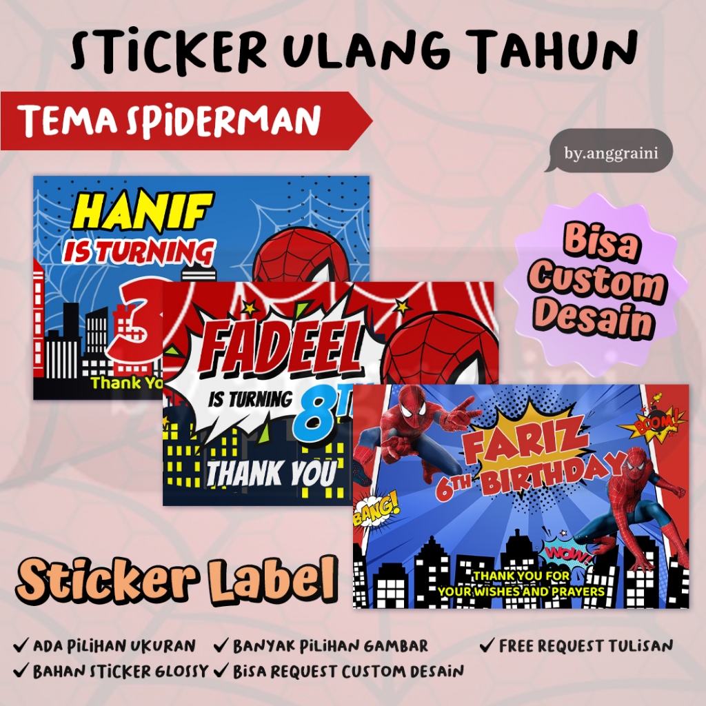 

Sticker Ulang Tahun Tema Spiderman - Stiker Label Kotak Nasi Bento - Ultah Anak - Stiker aqiqah tedhak siten
