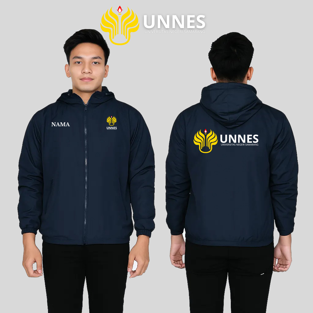 Jaket Almamater UNNES Custom Logo & Nama – Bahan Parasut Waterproof, Cocok untuk Mahasiswa & Alumni