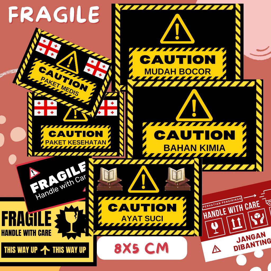 

sticker fragile 60 pcs fregile stiker 8x5 cm x 8 custom lakban kimia ayat suci perhatian lem putih