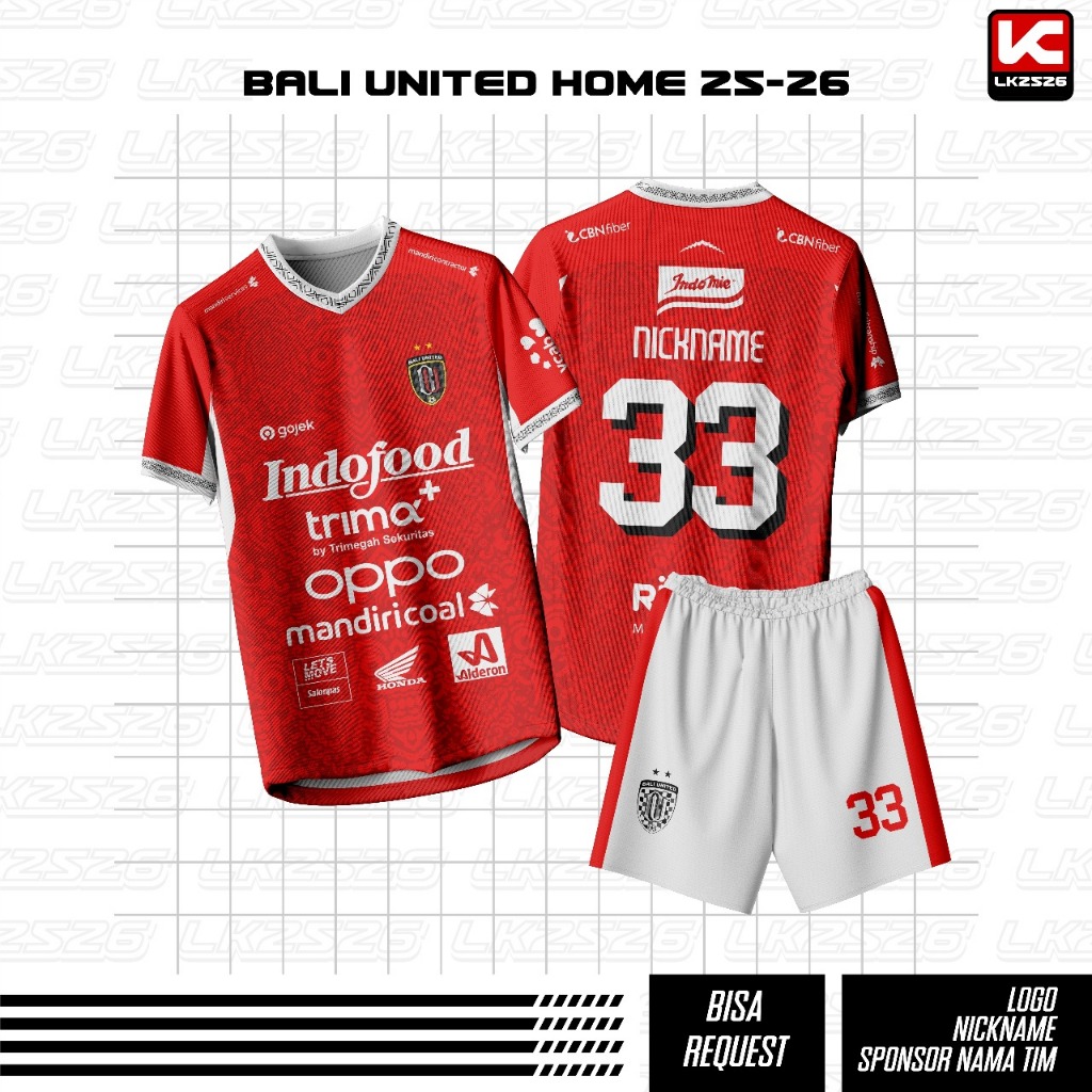 Jersey Bola HOME BALI UNITED TERBARU MUSIM 2025/2026 Merah Full Print Sport / Jersey Bali Home 2025/
