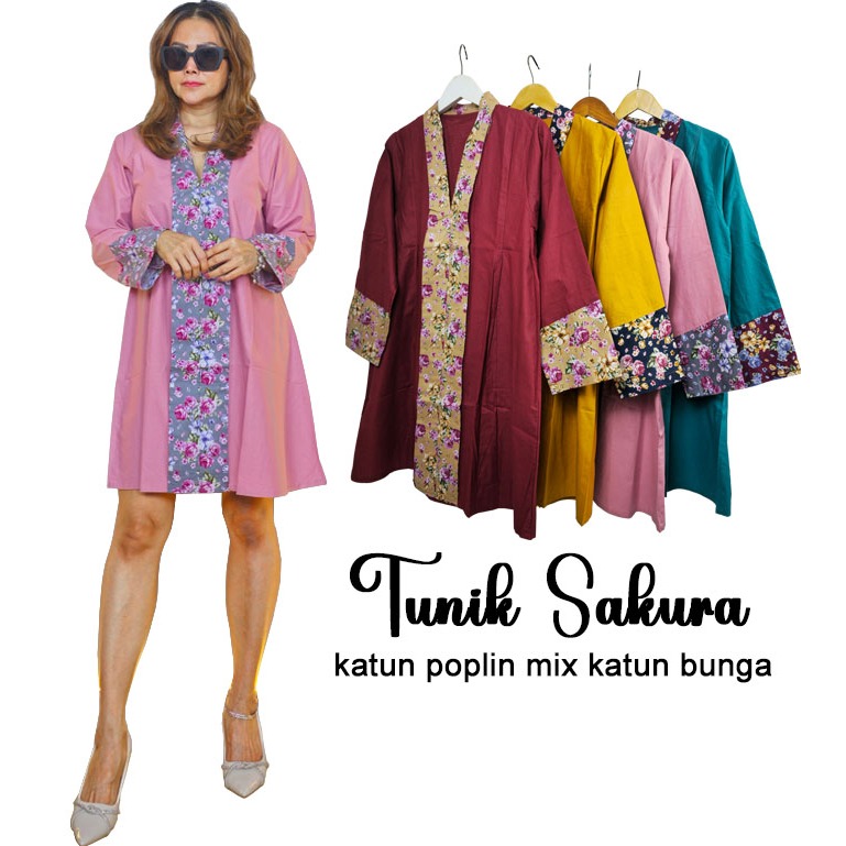 Tunik Sakura - Baju Tunik - Fashion Murah Shop 33 (FMS) - Size L - Matt Katun Poplin Mix Katun Bunga