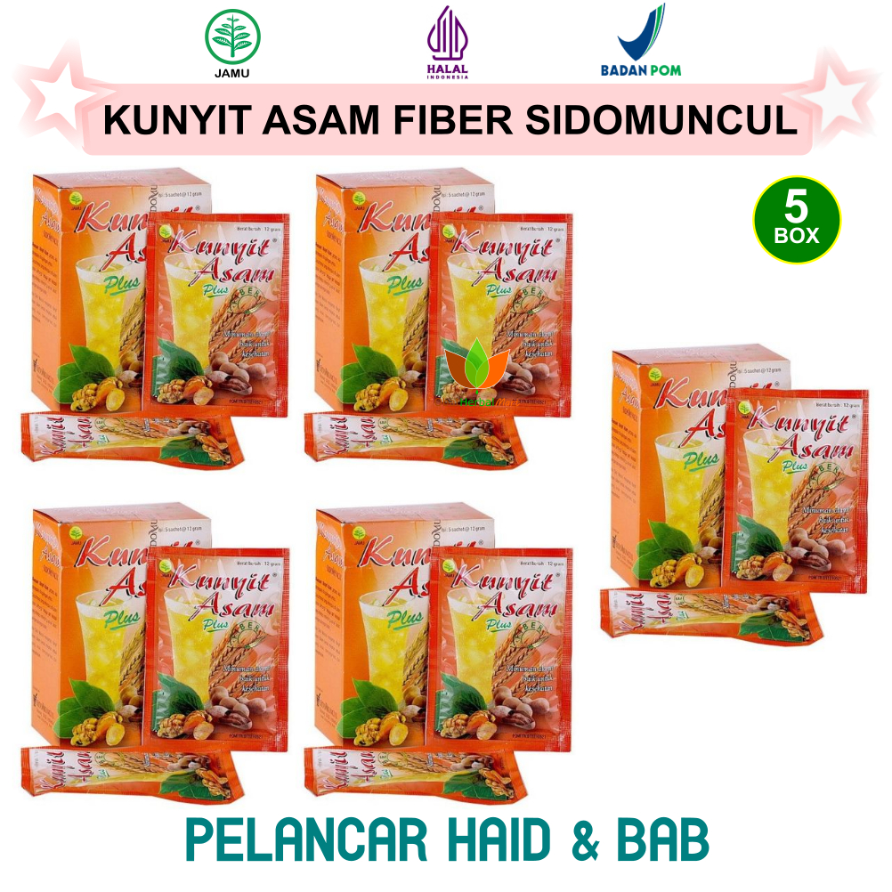 

25 SACHET JAMU KUNYIT ASAM PLUS FIBER SIDOMUNCUL OBAT HERBAL PELANCAR HAID BAB DAN NYERI HAID, MINUMAN SERAT KESEHATAN BUBUK INSTAN KUNYIT ASEM SIDO MUNCUL 5 BOX