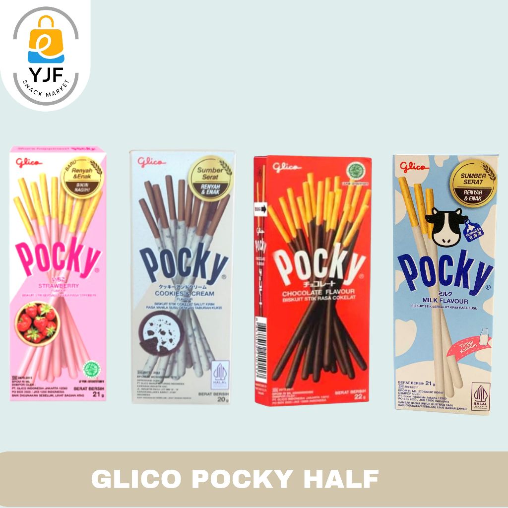 

Glico Pocky Half Biskuit Stick Rasa Coklat / Strawberry /Cookies & Cream / Pejoy Biskuit Stick