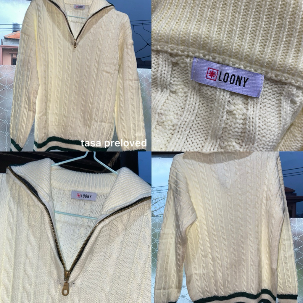 PRELOVED, LOONY CABLE POLO KNIT BW - SWEATER