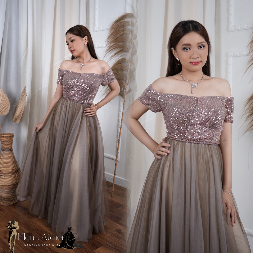 [FOR RENT] Gaun Pesta Champagne Gold Sabrina/ Off Shoulders Party Dress Murah Berkualitas CP-016