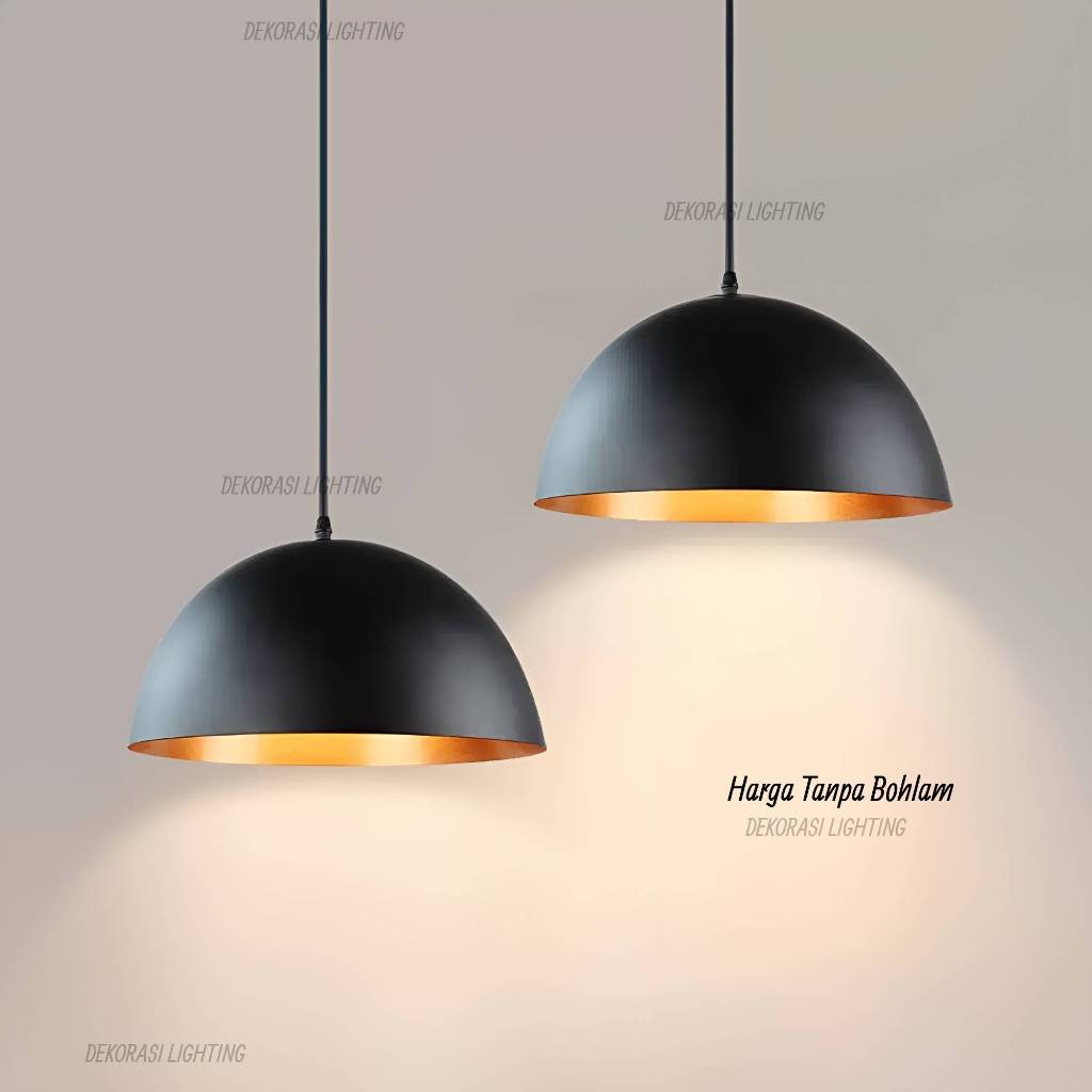 Lampu gantung kap industrial 50cm body luar hitam putih dalam gold minimalis resto cafe fiting e27 p