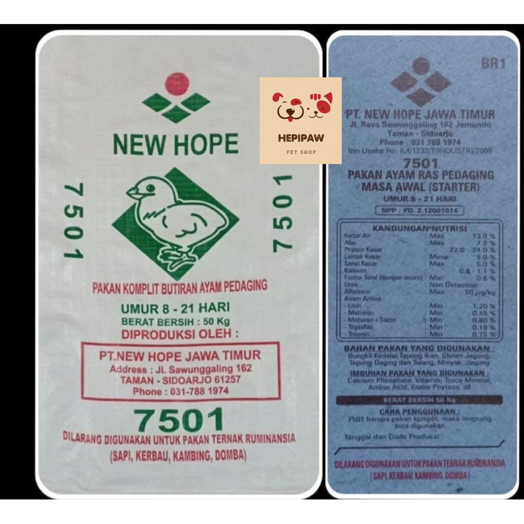 50kg - NEW HOPE 7501 - Pakan Ayam Starter
