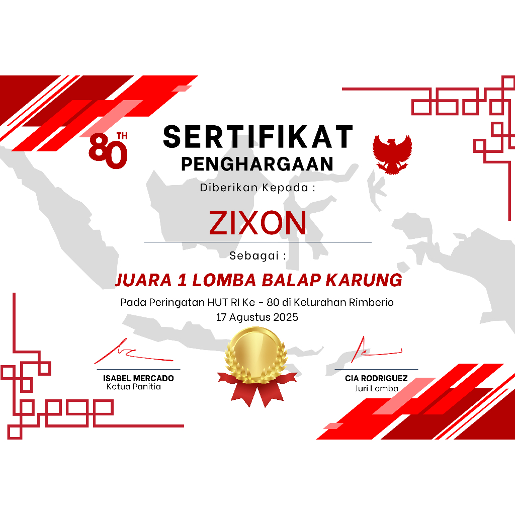 Jual Desain Template Sertifikat/Piagam penghargaan siap Print. Terima Jasa pembuatan Piagam HUT RI
