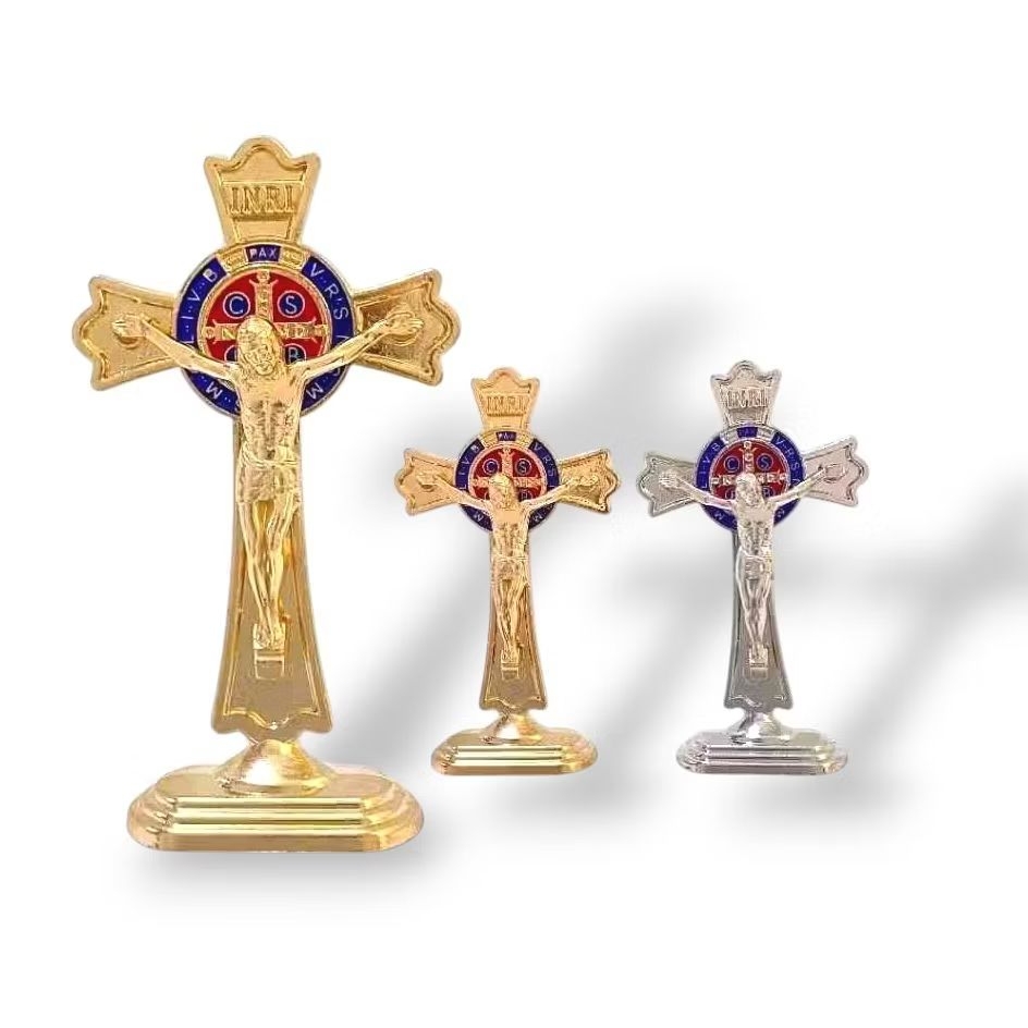 Salib Duduk Benediktus Bunga 8cm (7639) - Pajangan Salib Benediktus - Salib Duduk Bnd - Salib Meja -
