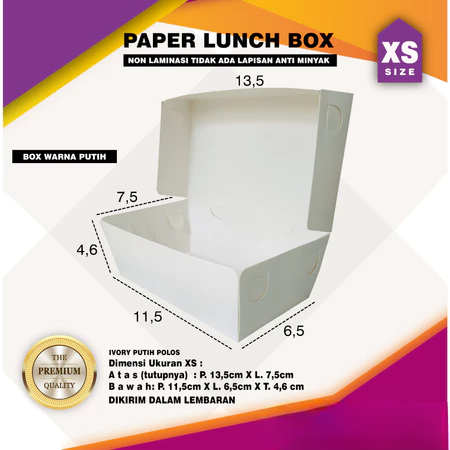 

Box Take Away Paper Lunch Ivory Putih Polos Laminasi Dus Ukuran Xs 11,5x6,5x7,5 Cm