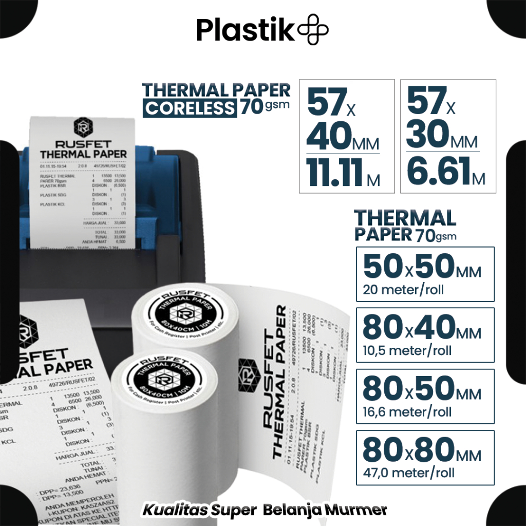 

Kertas Termal Label RUSFET Sticker Paper Thermal Printer Resi Per Roll - Core and Coreless
