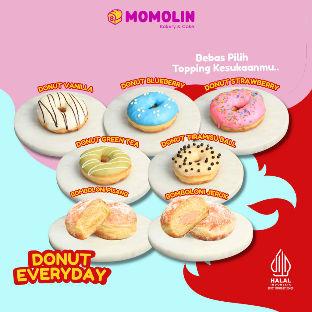 

MOMOLIN BAKERY DONUT EVERYDAY – Roti Kue Donat -- Donat Premium dengan Rasa Lengkap -- Bebas Pilih Topping -- Donat Manis