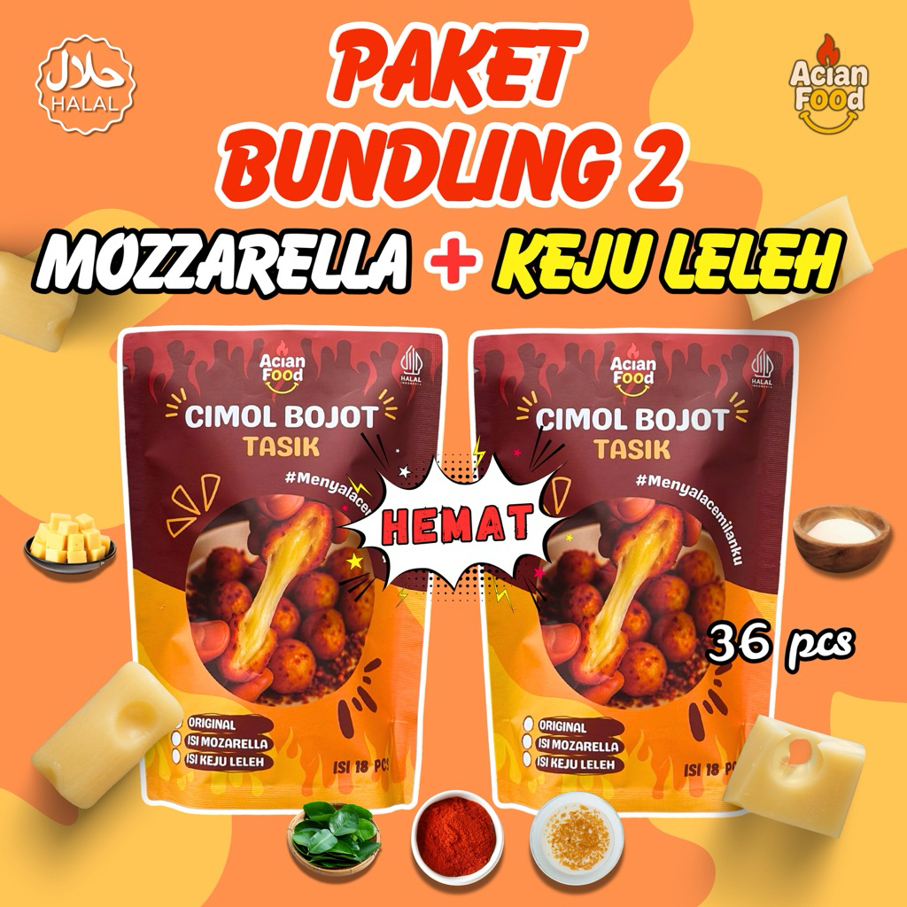 

Paket BUNDLING isi 2 pack varian isi mozarella + isi keju leleh ,Cemilan Cimol Bojot Tasik isi 18pcs / pack Acian Food Frozen