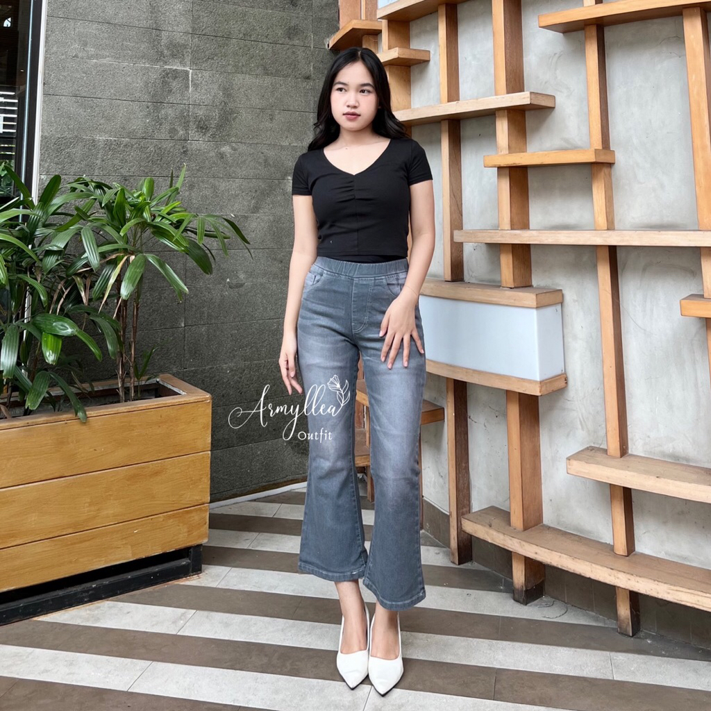 Celana Cutbray Jeans 7/9 Highwaist Wanita Full Pinggang Karet bahan Jeans Stretch Mulur