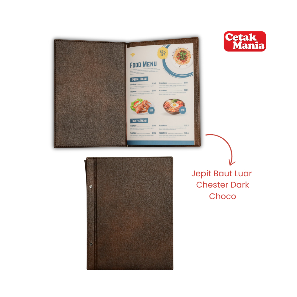 

Cetak Mania - Buku Menu Kulit Chesterfield Dark Choco Jepit baut luar A4 (Tanpa Isi) - Warna Dark Choco - Cafe, Coffee Shop, Restoran, Hotel