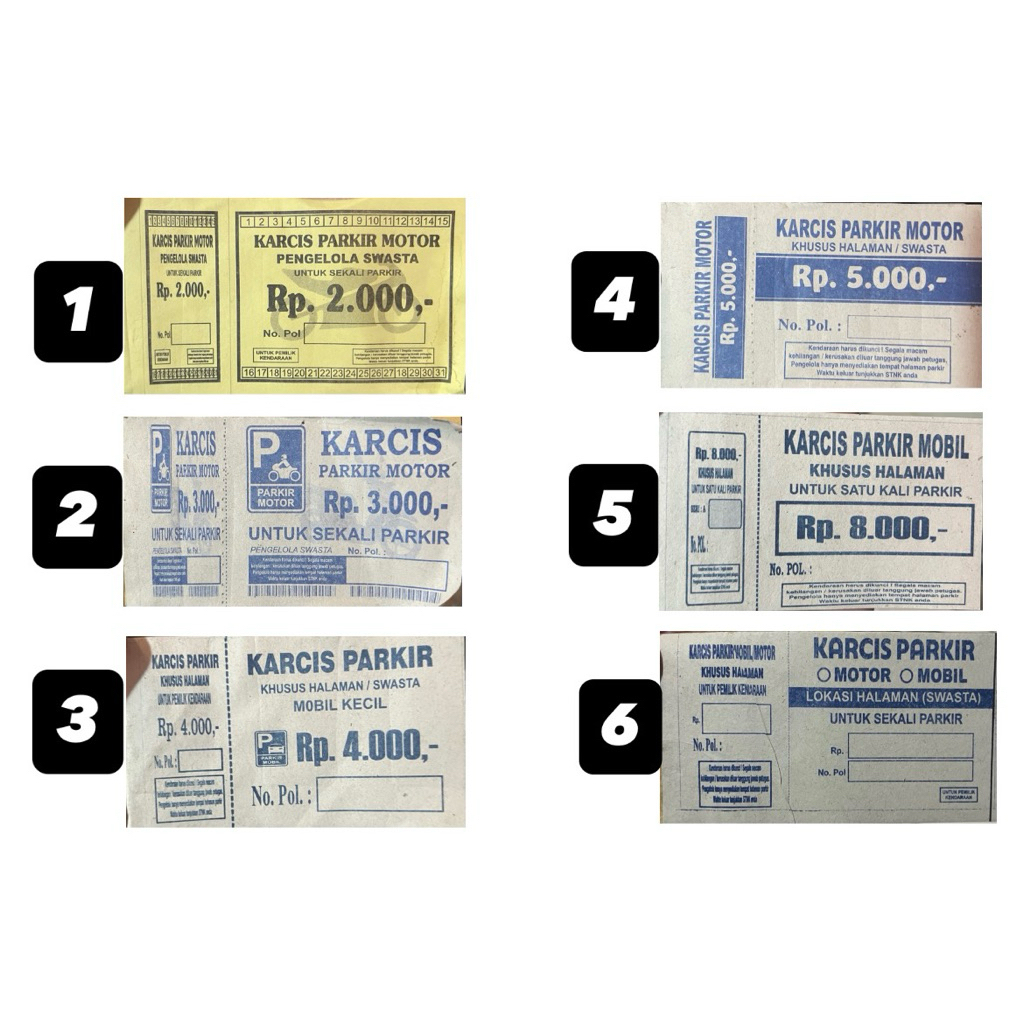 

KARCIS PARKIR SEPEDA MOTOR UNIVERSAL 2000 3000 5000