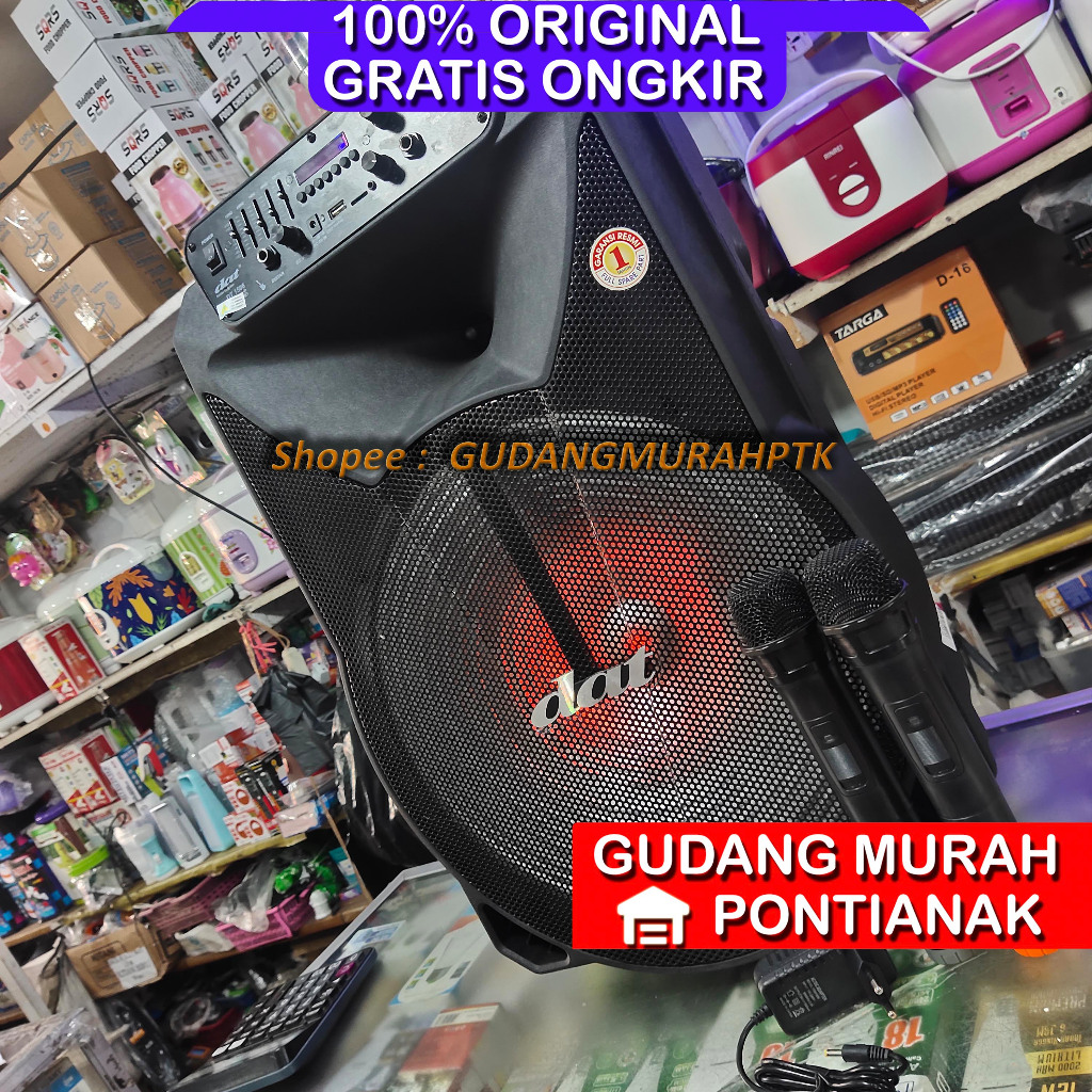 Speaker Bluetooth DAT 15 inch 2 MIC Wireless AQUALIZER Salon Portable 15" ECO + Trolly equalizer