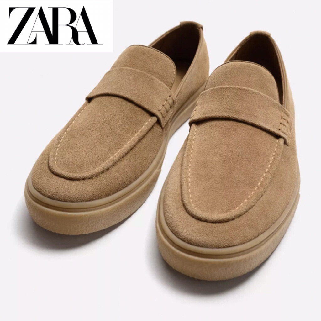 ZARA Men Casual Leather Loafers Sepatu Pria Sand Brown