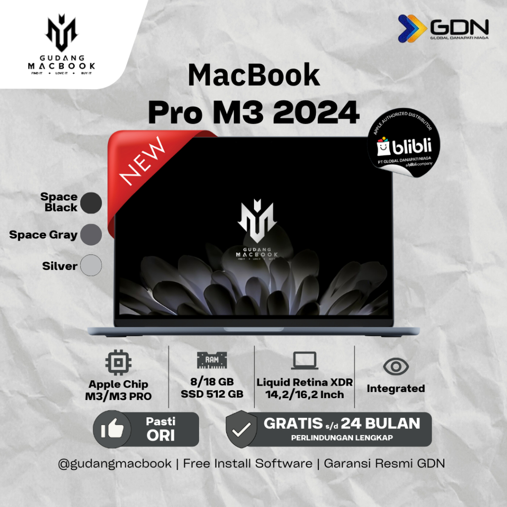 Macbook Pro M3 Pro Chip New 14/16 inch Ram 8/512GB 18/512GB 2024 Garansi Resmi GDN Original Apple