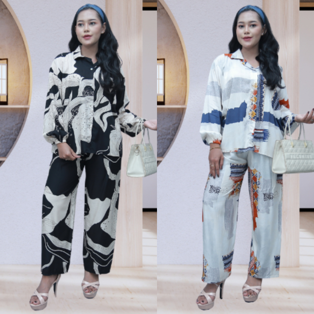 One Set Piyama Setelan Rayon Pajamas Viscose Motif Terbaru Wanita Dewasa Lengan Panjang Baju Tidur S