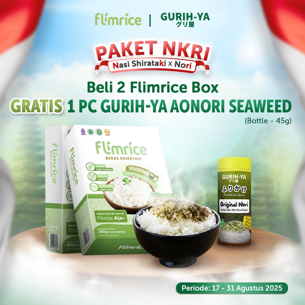 

Paket NKRI - 2 Flimrice Box free 1 Pc Gurih-Ya Aonori Seaweed (45 gr)