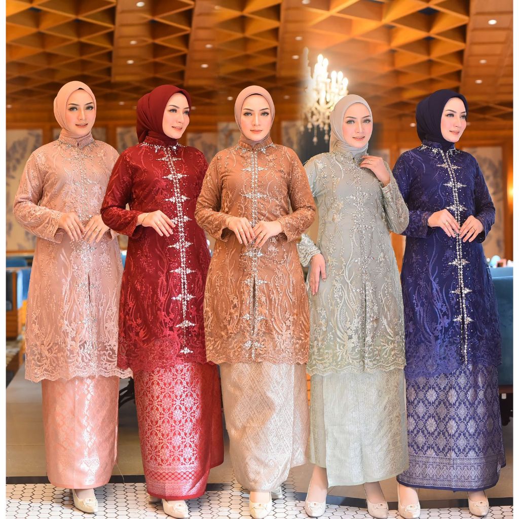Stelan Kebaya Tunik Fana Payet Set Rok Songket Selendang Stelan Kebaya Kurung Busui Elegan Modern Me