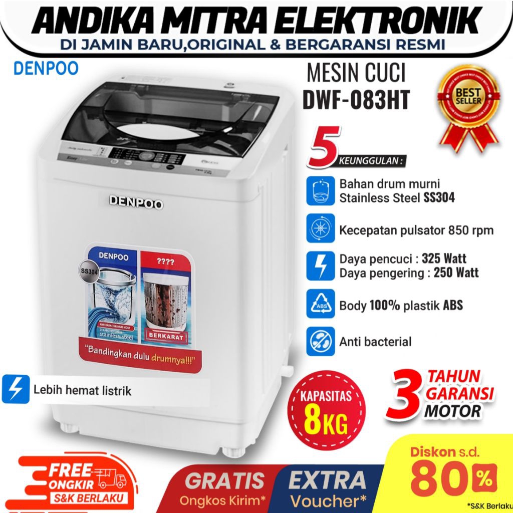 MESIN CUCI 1 TABUNG 8 KG DENPOO DWF 083 HT