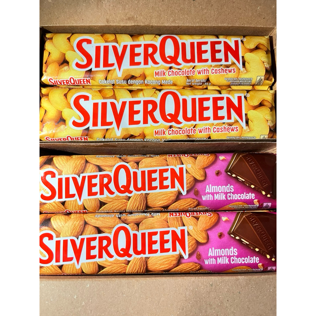 

Ready Silverqueen cashew 55gr 10 Pcs Exp Agustus 2026 Silverqueen almond 55gr 1 box Cadbury Dairy Milk 62gr 10 pcs Cadbury Cashew 62gr