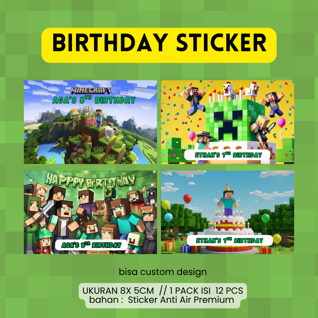 

12 pcs ready Siap Kirim Sticker Label Birthday Ulang tahun Minecraft Anti Air ukuran 8 x 5 cm