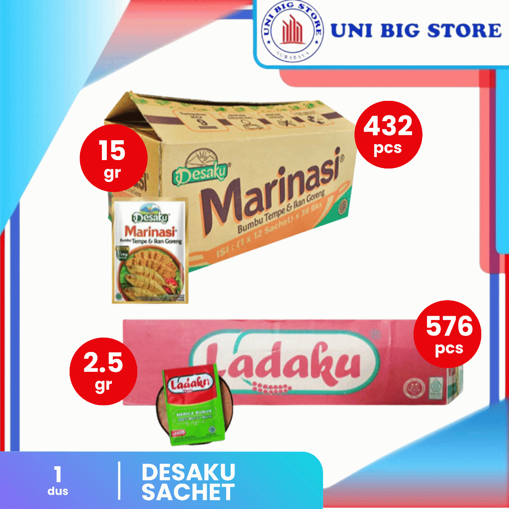 

DESAKU Marinasi Bumbu Tempe & Ikan Goreng 15 gr x 432 pcs | Ladaku 2.5 gr x 576 pcs DUS
