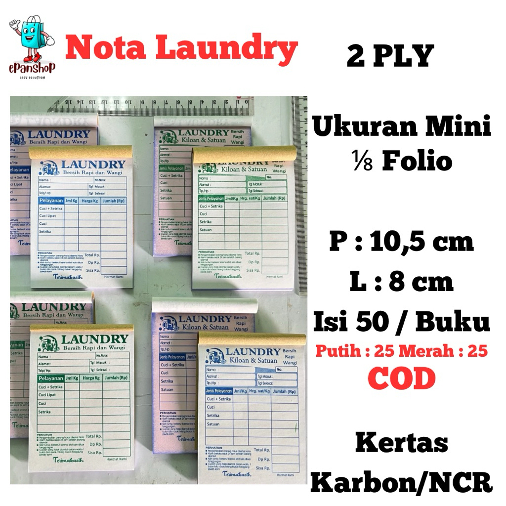 

Nota laundry 2 ply. 4 variasi ukuran mini 1/8 folio ( 10,5 x 8 cm ) isi 25 set . READYSTOCK