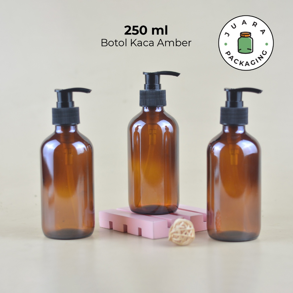 Botol Kaca Amber Pump Hitam 250ml – Wadah Sabun Lotion Shampoo Skincare Minyak Cairan Refill Botol K