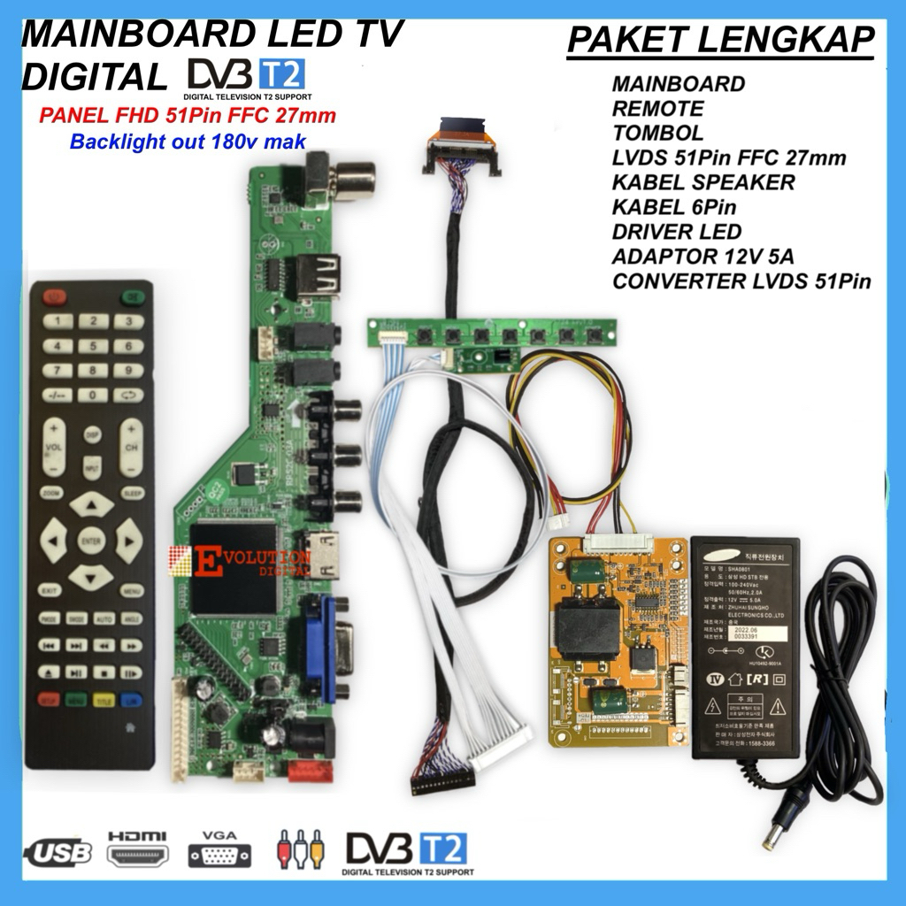 Mainboard LED TV Digital DVBT2 Universal Sony Bravia 40” - 46” FHD Tcon 51pin FFC 27mm