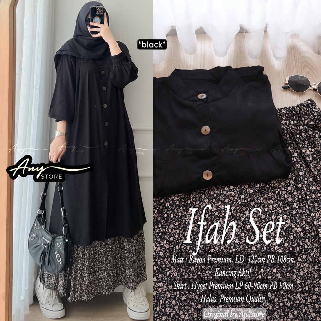 IFAH SET ORIGINAL BY ANY STORE oneset setrok setelan tunik polos rayon dan rok plisket bunga