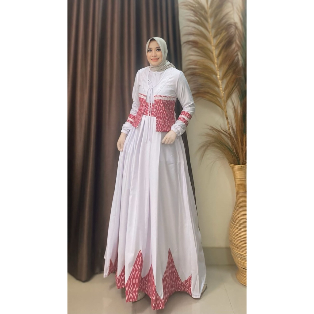 SET DRESS +OUTER DK 11 MERAH PUTIH BY DEURA /GAMIS KUTUNG + OUTER MUSLIMAH WARNA MERAH PUTIH