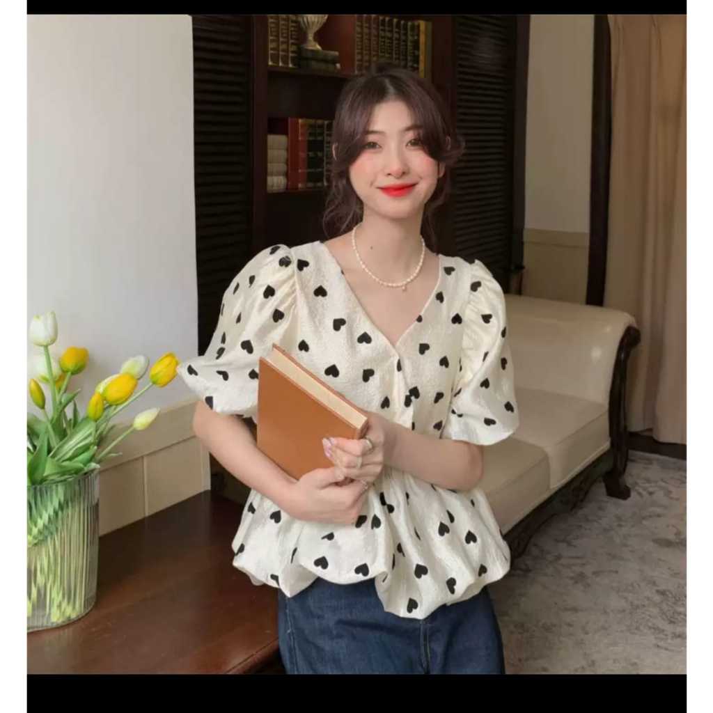 INSTAN Atasan Polkadot Wanita / kaos model V Neck