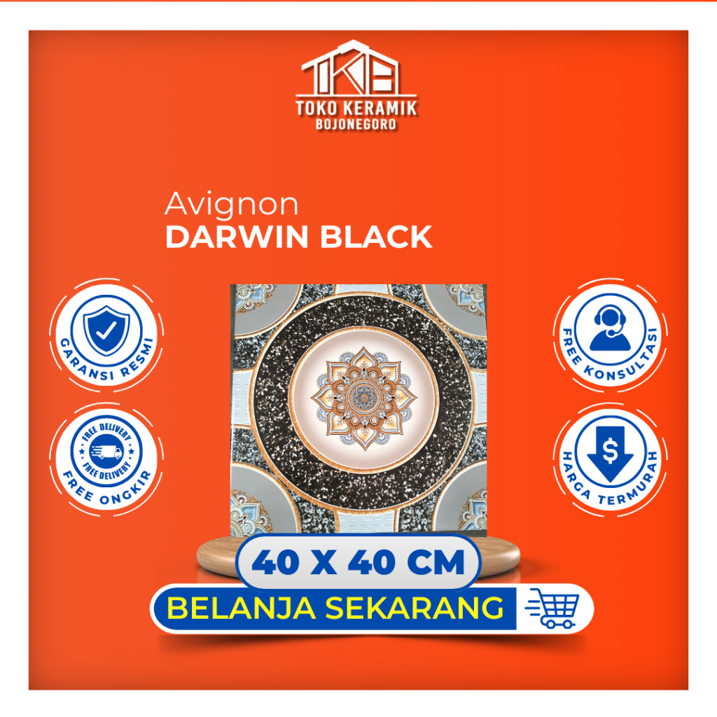 Keramik Lantai Glossy Motif Dekoratif Vintage 40x40 Avignon Darwin Black