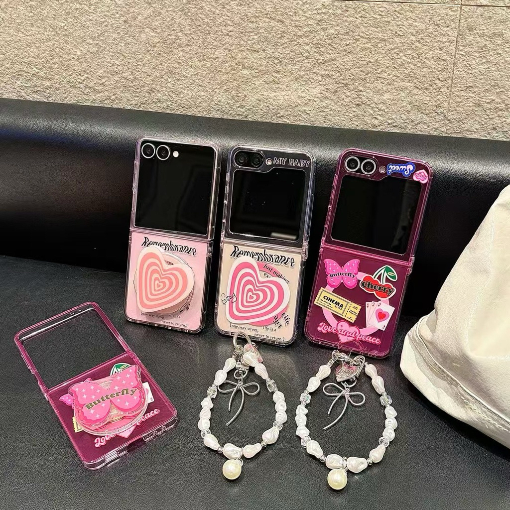 New Case Samsung Zflip7 Love Cherry Heart Butterfly Girly With Chain Charm Pretty High Quality Cute 