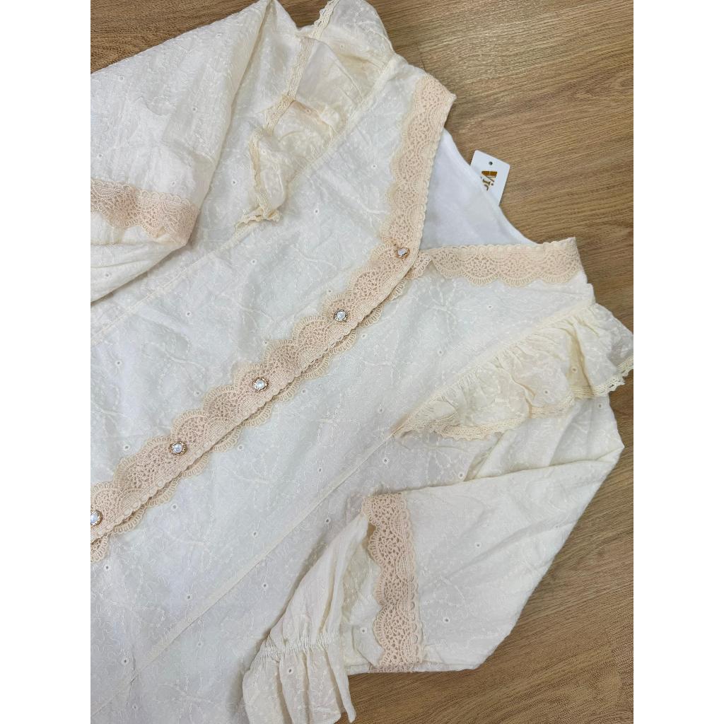 Blus Wanita Korea Brokat Ruffle | Atasan Brokat Lengan Panjang | Blouse Kancing Mutiara